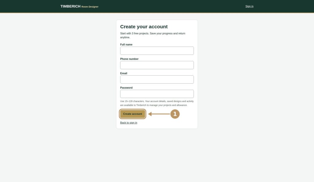 Room Designer step 1: create account